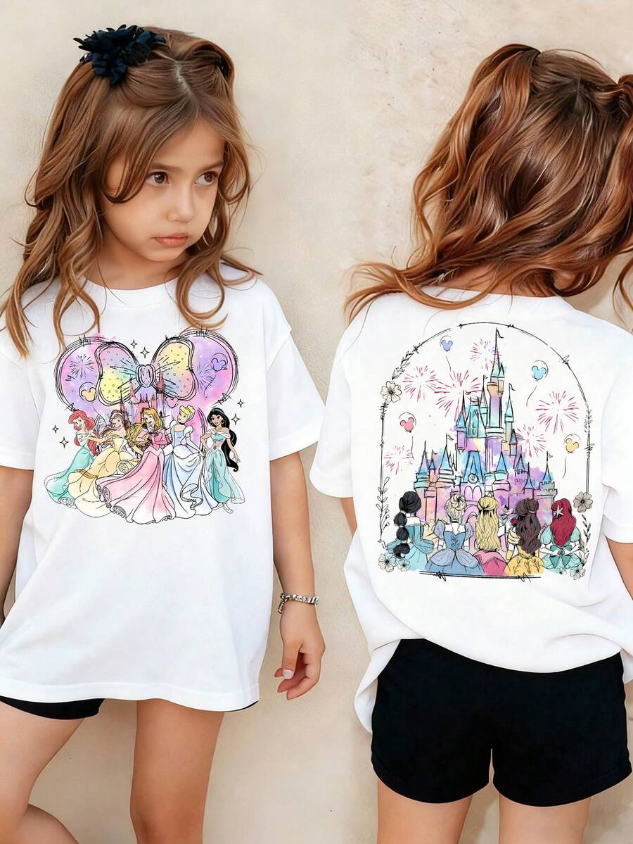 Disney-A Must-Have For Princess Fans! Disney Co Branded Girls' T-Shirt With Double-Sided Printing Design And Colorful Watercolor Style, Versatile And Sweet For Daily Use - 白色 - 查看 1