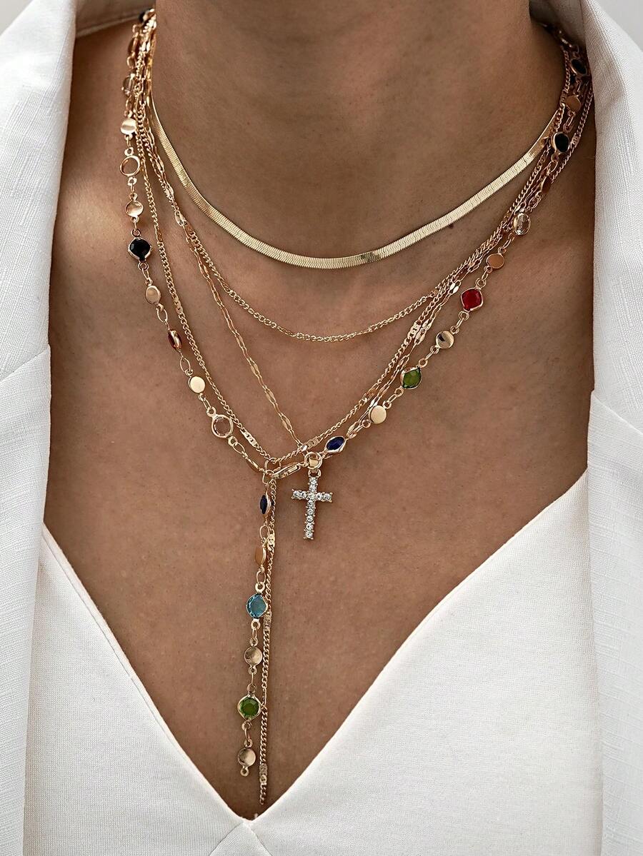 5件套复古优雅波西米亚风女士彩色水晶十字架Y型项链套装，包含十字架、流苏、蛇骨链、串珠链，适合日常、度假、派对佩戴、节日礼物 - 金色 - 查看 1