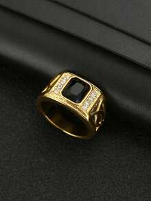 1枚男士时尚奢华个性化黑色锆石戒指，婚礼订婚派对珠宝礼物 - 金色 - 查看 3