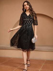Black Lace Sequin Embellished Dress - Black - View 1