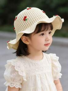 1顶婴儿/幼儿女童针织宽檐遮阳帽，透气针织夏季防晒帽 - 1PC - 查看 7