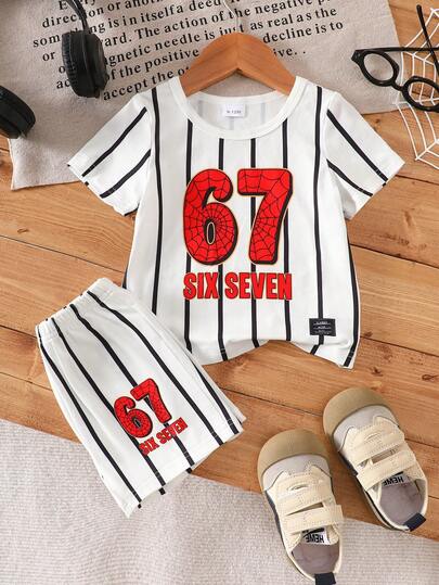 2pcs/Set Boys' Summer New Spider Web & Number 67 Print Set, Black & White Striped Short Sleeve T-Shirt And Shorts, Casual Children Outfit