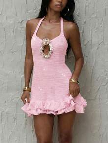 浅粉色镂空编织交叉吊带连衣裙，时尚优雅闪亮木质装饰迷你裙，休闲沙滩度假风夏季女装，嘉年华服装 - 淺粉色 - 查看 3