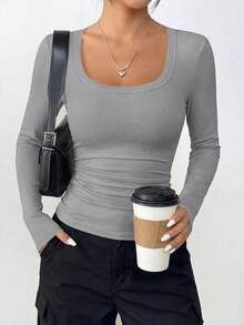 PRETTYGARDEN Women Spring And Fall Long Sleeve Shirts Clothes Cute Going Out Tops Ribbed Tight Fitted Plain Basic Tee Tshirts Vacation Outfits For Women - 灰色 - 查看 4