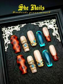 10片巴洛克风格人造指甲，DIY法式Y2K美甲套装，包含粉色、红色、浅蓝色、棕色亮面指甲，3D手工海星贝壳装饰，3D手绘波浪樱花，3D彩色雕刻花朵亚克力指甲，适合圣诞节，女孩美甲套装，附赠凝胶贴纸和指甲锉。手工按压式美甲用品 - 彩色 - 查看 2