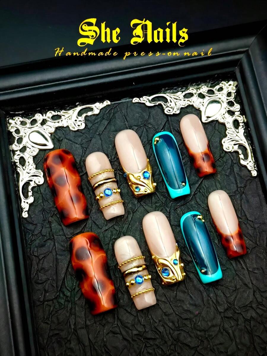 10片巴洛克风格人造指甲，DIY法式Y2K美甲套装，包含粉色、红色、浅蓝色、棕色亮面指甲，3D手工海星贝壳装饰，3D手绘波浪樱花，3D彩色雕刻花朵亚克力指甲，适合圣诞节，女孩美甲套装，附赠凝胶贴纸和指甲锉。手工按压式美甲用品