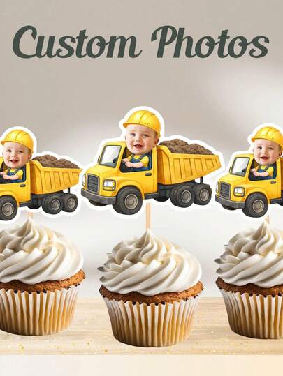 Personalized Engineering Theme Face Cupcake Toppers: Engineering Theme Birthday Party Decorations, Engineering Photo Cupcake Toppers, Face Cupcake Toppers, Personalized Engineering Truck Cupcake Toppers, Excavator Theme Birthday Party Decorations