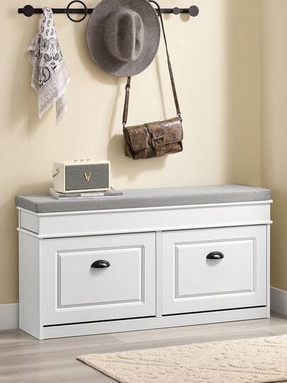 SoBuy Shoe Bench With Seat And 2 Flaps, Narrow Shoe Cabinet With Seat And Shoe Rack, Space-Saving, Shoe Storage For Hallways And Small Rooms, 104 X 51 X 24 Cm, White Vintage Wood Grain Effect, FSR64-WG