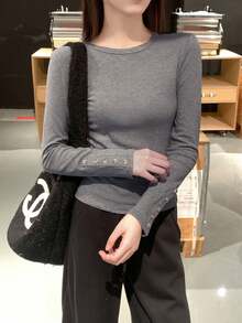 Thick Brushed Fitted Crew Neck Long Sleeve Elastic Knit Base Layer Top - Grey - View 1