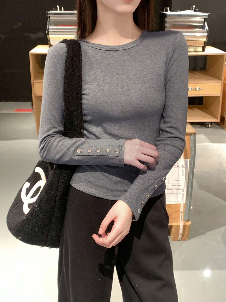 Thick Brushed Fitted Crew Neck Long Sleeve Elastic Knit Base Layer Top - Grey - View 1