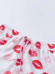 Womens Lounge Set Lip/Heart Print Sleeveless Square Neck Crop Tank Tops And Ruffle Trim Drawstring Shorts 2Pcs Loungewear - Red - View 9