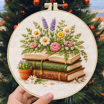 【复古书籍与花卉】圆形刺绣DIY套装，艺术书籍+鲜花图案，初学者手工十字绣套装，包含绣绷、绣线，适合家居墙面装饰