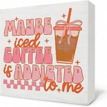 1pc Retro Coquette Bow Maybe Iced Coffee Is Addicted To Me Wooden Box Sign, Pink Retro Wood Block Plaque For Coffee Station Shop Bar Desk Shelf Tabletop Decor 5x5in(12.4x12.4cm) - 1PC - Xem 1