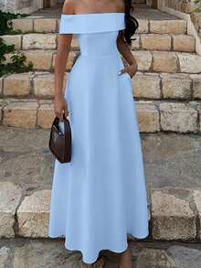 Vaiaye 女士纯色露肩连衣裙，新款夏季优雅修身露背长裙，适合派对、日常穿着和约会 - 淺藍色 - 查看 1