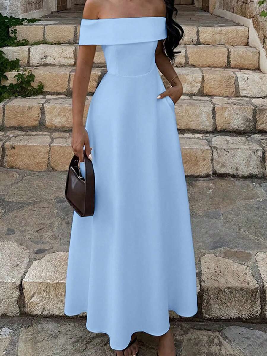 Vaiaye 女士纯色露肩连衣裙，新款夏季优雅修身露背长裙，适合派对、日常穿着和约会 - 淺藍色 - 查看 1