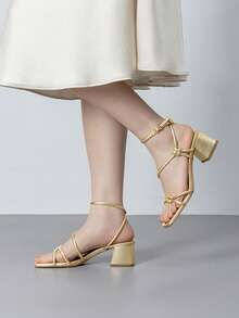 Athlefit Strappy Heels For Women Dressy Open Square Toe Heeled Sandals Low Chunky Block Heels Dress Shoes For Prom Wedding - 金色 - 查看 6