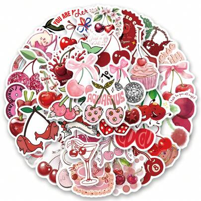 61 Peças Adesivos de Cereja, Decoração, Diários, Decorações Retrô para Quartos, Geladeiras, Armários, Estantes, Power Banks, Paredes, Portas e Janelas, Garrafas de Água, Cadernos e Outros Itens de Uso Diário