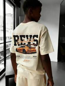 青少年男童印花短袖T恤，学生休闲夏季上衣 - 杏色 - 查看 3