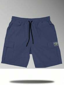Pantalones cortos cargo de estilo callejero ligeros para hombres - Pantalones cortos casuales de unicolor con cordón y cintura elástica, para verano - Azul - Ver 3