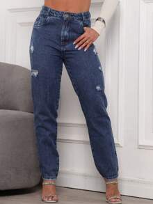 Calça Jeans Mom Cintura Alta Feminina Rasgadinha Levanta Bumbum 100% Algodão Premium - DESTROIDE - Visão 3