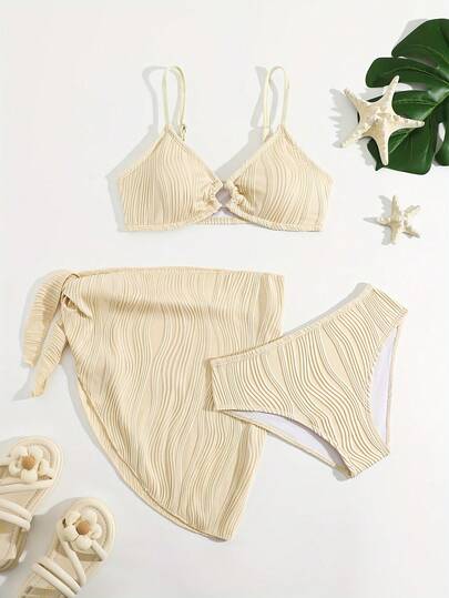 Tween Girls 3 PiecesBikini Sets, Cute Ribbed Knit Fabric Design With Adjustable Straps And Ring Decor, Suitable For Summer, Beach, Vacation, Elegant & Fashionable