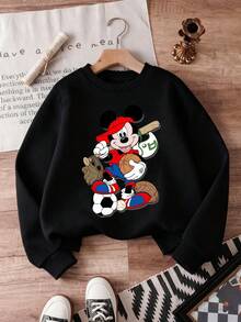 1pc Disney Sports-Themed Mickey Mouse Dynamic Multi-Sport Graphic Tween Boys Athletic Sweatshirt - Soft & Versatile, Ideal For Daily Wear & Sports Activities - 黑色 - 查看 1