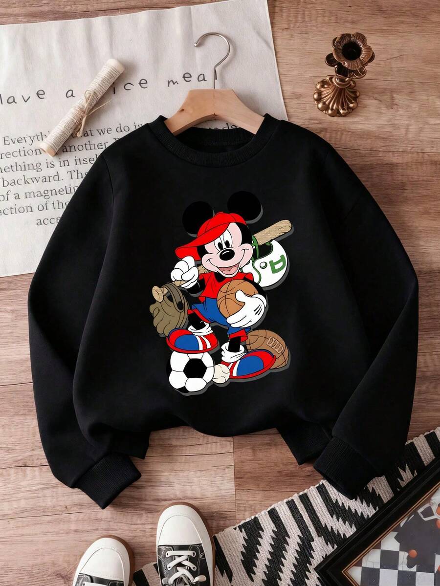 1pc Disney Sports-Themed Mickey Mouse Dynamic Multi-Sport Graphic Tween Boys Athletic Sweatshirt - Soft & Versatile, Ideal For Daily Wear & Sports Activities - 黑色 - 查看 1