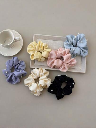 1pc/6pcs Solid Color Casual Polyester Soft Scrunchie, Sweet Pearl Decor, Versatile Satin Fabric Hair Tie, Japanese Style Hair Accessories