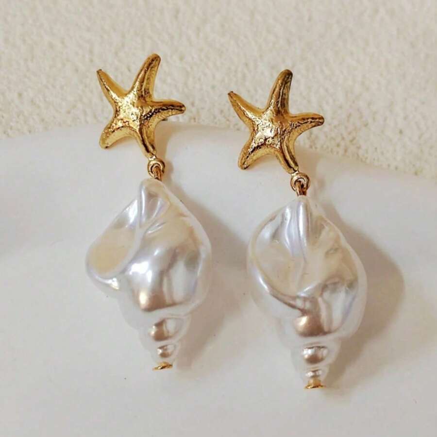 1 Pair New Arrival European And American Fashion Beach Vacation Style Alloy Starfish & Faux Pearl Shell Earrings For Girls - Multicolor - View 1