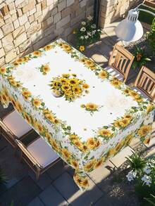 1 pieza Mantel con diseño de girasol, mantel redondo o rectangular de poliéster con estampado floral y de abeja amarillo girasol de primavera/verano, 2 opciones de tamaño, mantel duradero de estilo rústico para decoración de mesa de cocina y comedor en el hogar, adecuado para fiestas de primavera/verano, picnics, cenas, cumpleaños, decoración de bodas - Multicolor - View 5