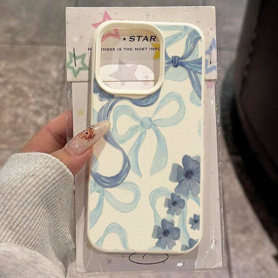 1 pieza Funda de teléfono con diseño de lazo floral azul fresco de material TPU compatible con iPhone 17 Pro Max/17/16 Pro Max/15/13/12/11, S20 FE/A15/S24/A55, Note 11/Note 12/Note 13 Pro, cobertura completa, protección suave anti-caídas - Blanco - Ver 1