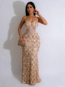 Sequins Party Long Dress Fashion Suspender Hip A-Line Dress Dress - 杏色 - 查看 1