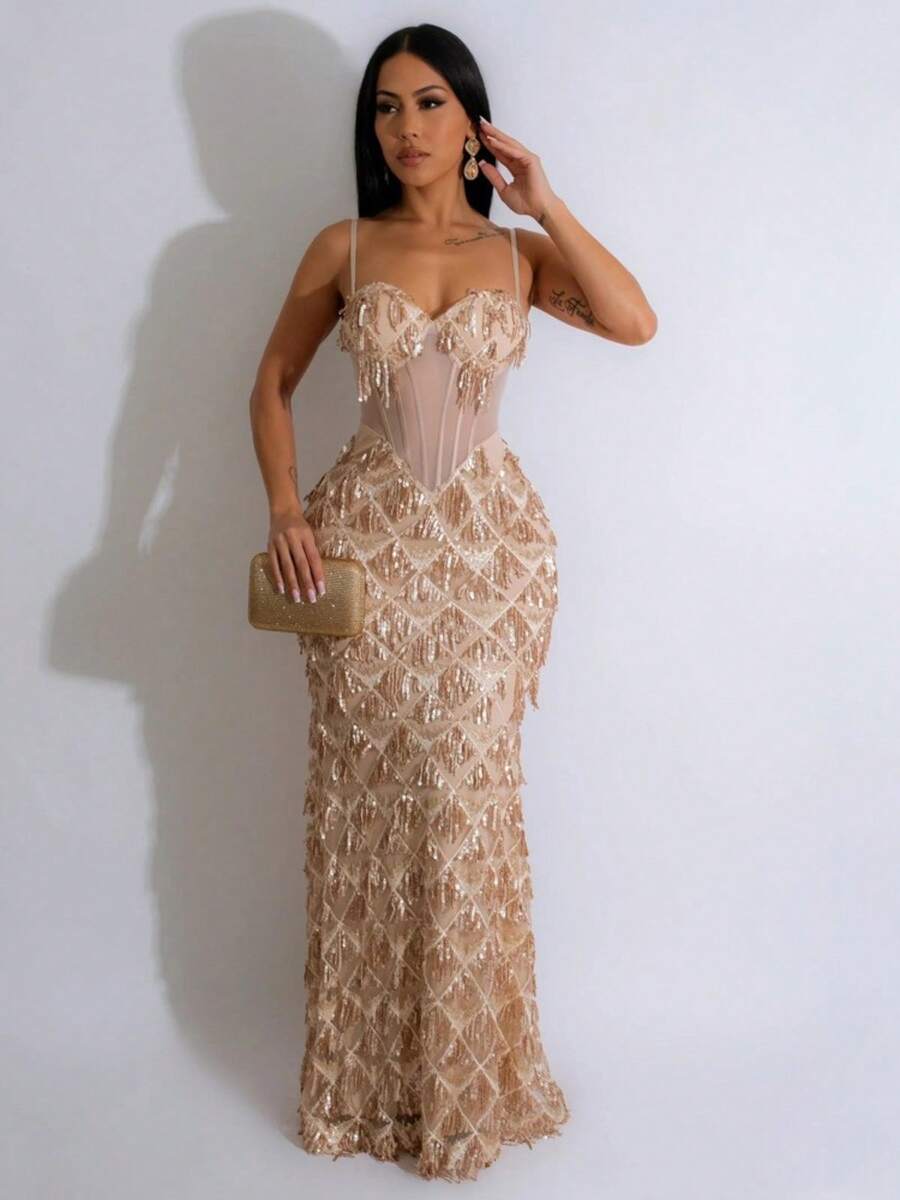 Sequins Party Long Dress Fashion Suspender Hip A-Line Dress Dress - 杏色 - 查看 1