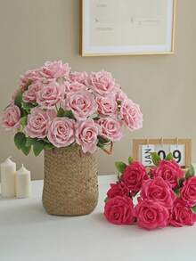 1束大型9头仿真玫瑰花束，可用于婚礼装饰、DIY花环、生日派对、家居装饰、花瓶填充、户外花园、秋季装饰、新年礼物等。 - 粉色 - 查看 4