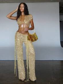 GY27027 Sexy Hot Girl Hollow Out Beaded Set (Bag Not Included) - Pants Set - View 1