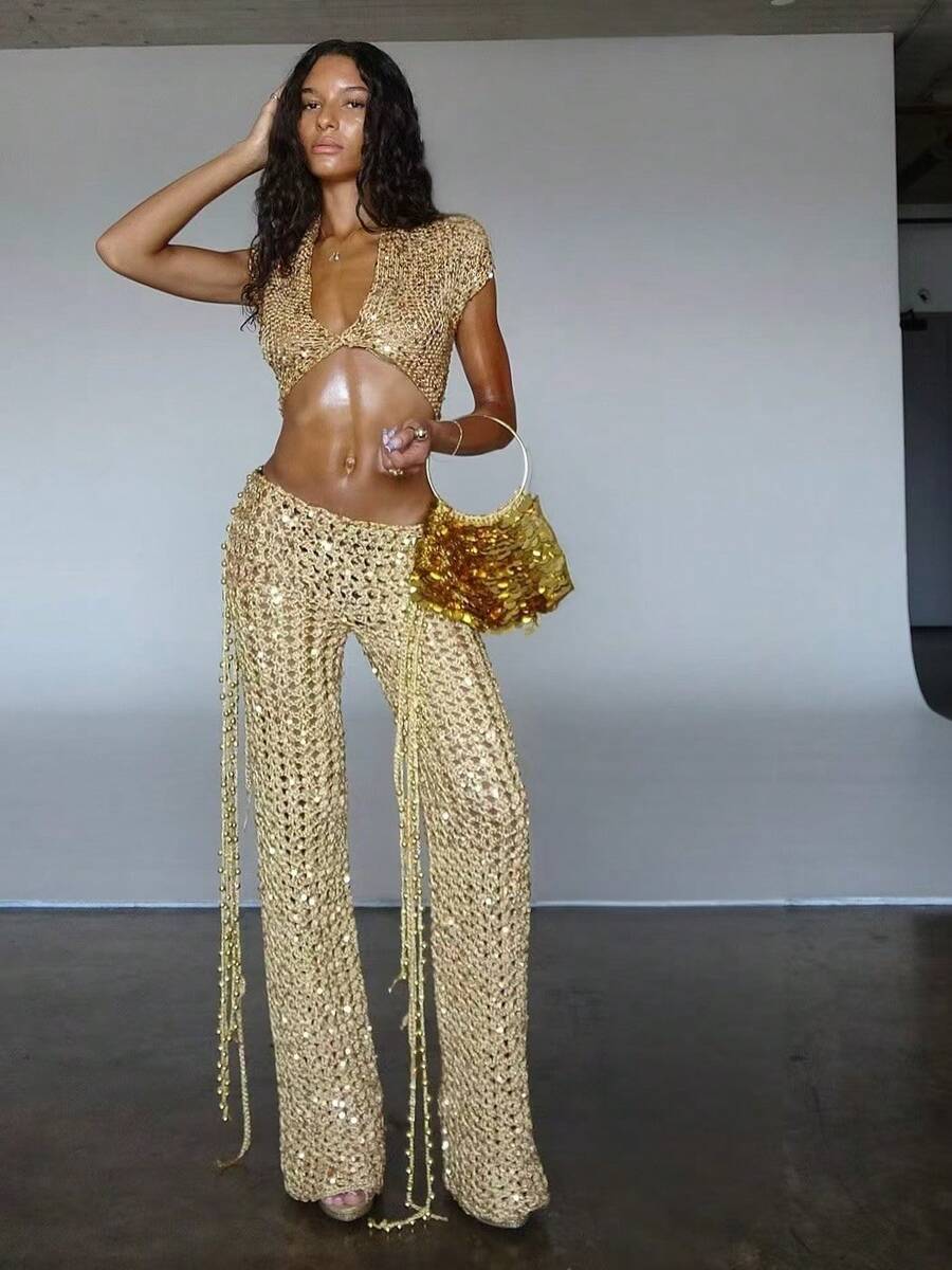 GY27027 Sexy Hot Girl Hollow Out Beaded Set (Bag Not Included) - Pants Set - View 1