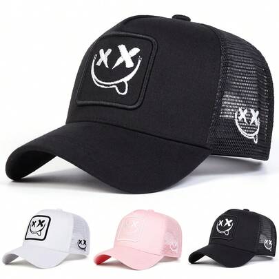 1pc Men's Smiling Face Embroidered Trucker Hat, Casual Baseball Cap For Street Fashion, Suitable For Spring, Autumn, Travel, Beach