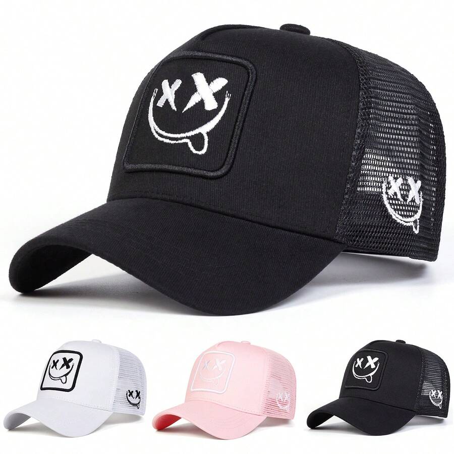 1pc Men's Smiling Face Embroidered Trucker Hat, Casual Baseball Cap For Street Fashion, Suitable For Spring, Autumn, Travel, Beach,Summer,Holiday - Multicolor - View 1