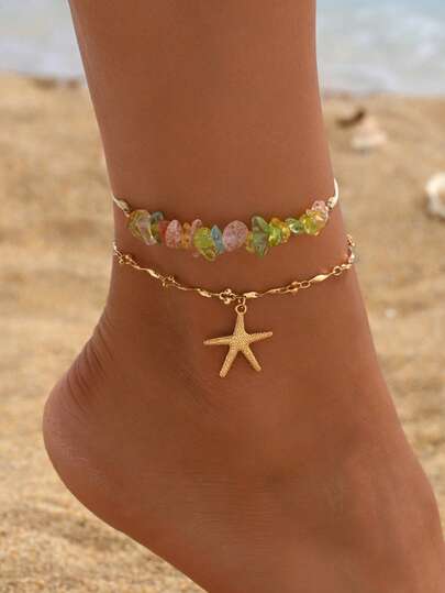 2pcs/Set Summer Beach Vacation Style Colorful Turquoise Adjustable Anklet, Fashion Beaded Metal Starfish Pendant Foot Jewelry, Suitable For Women's Daily And Holiday Wear. The Color And Shape/Size Of The Turquoise Are Random.