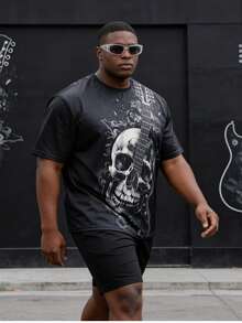 Plus Size Men Skull Head Graphic Crew Neck T-Shirt, Summer Casual Rock Print Plus Size Black Short Sleeve Tee, & Personalized Daily Sporty Top - Multicolor - View 2