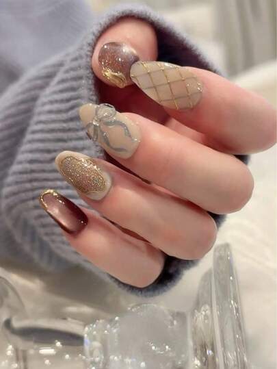 10片/套 椭圆形棕色亮面猫眼3D蝴蝶结美甲贴纸，可重复使用，4种尺寸可选，适合女孩/女性、演员、舞台表演、节日、派对、婚礼和日常美甲。