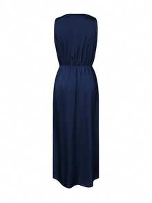 1pc Women's Floral Print Elegant Woven Fabric Slit Sleeveless Dress, Graceful Style, Spring/Summer - Royal Blue - View 2