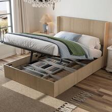 Large Grooved Undulating Lift Storage Bed Frame, Wooden Platform Bed Frame With Lift Storage, No Spring Box Required/No Noise, Rustic Brown Slatted Natural Wood(
King) - Oak color - 查看 3