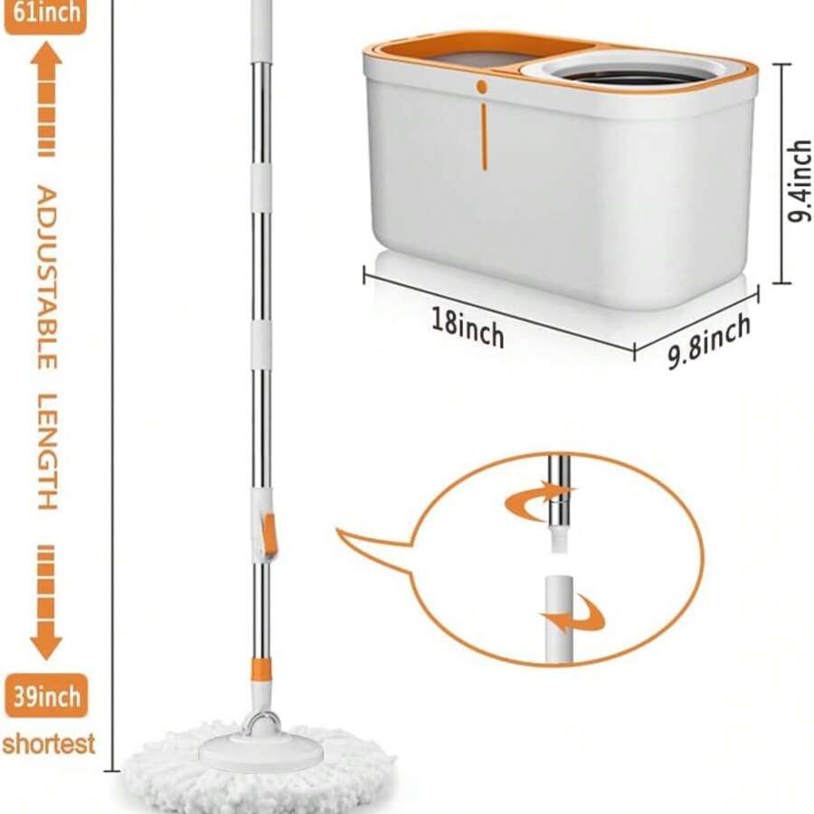 Spin Mop Bucket With  System Extended Mop Handle 61"Mop And Bucket For Floors Cleaning With 5 Replacement Head Refill 1 Cleaning Brush Head - A - View 1
