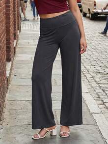 Women's Pants Wide Leg Elastic Waist Fold Over Low Rise Casual Solid Color Trousers - Gris Oscuro - Ver 2