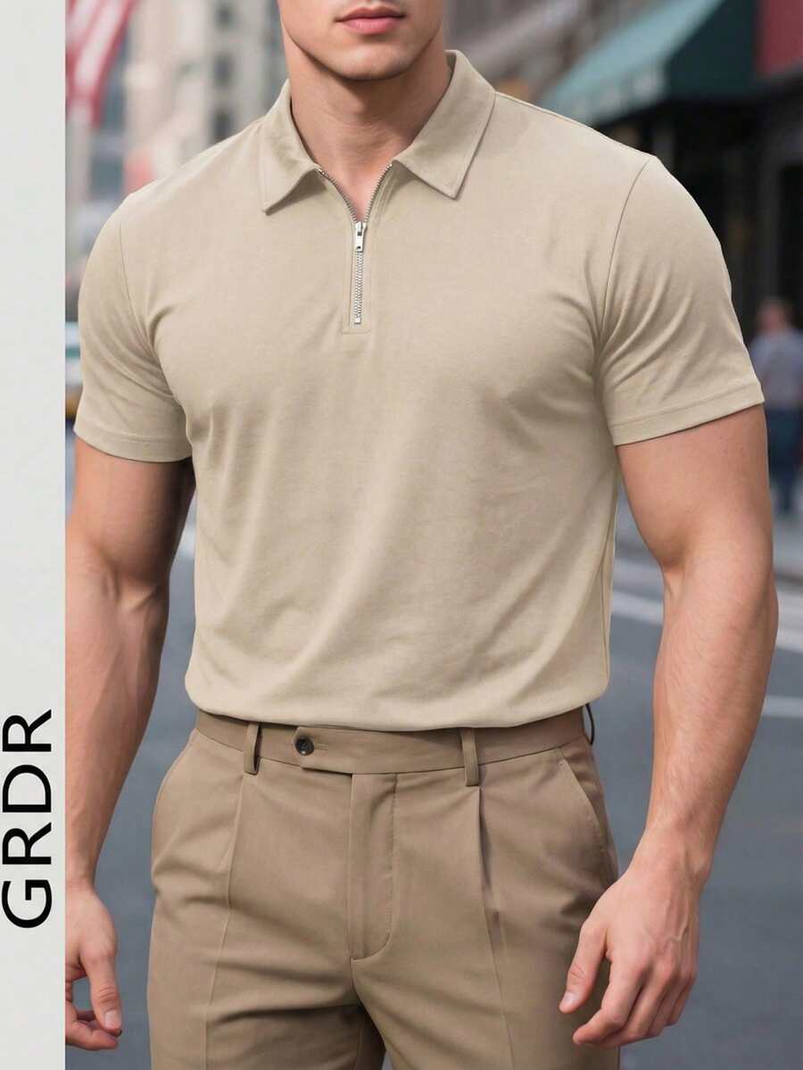 GRDR Men's Summer Casual Zip Collar Short Sleeve T-Shirt - Champagne - View 1