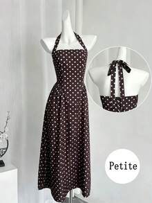 Petite Women's Polka Dot Print Bohemian Elegant Backless Bow Tie Mid-Length Dress, Zipper Back, Suitable For Casual, Holiday Wear - Coffee - View 1
