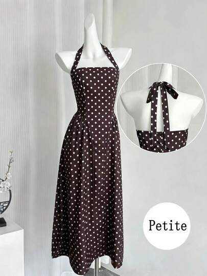 Petite Women's Polka Dot Print Bohemian Elegant Backless Bow Tie Mid-Length Dress, Zipper Back, Suitable For Casual, Holiday Wear