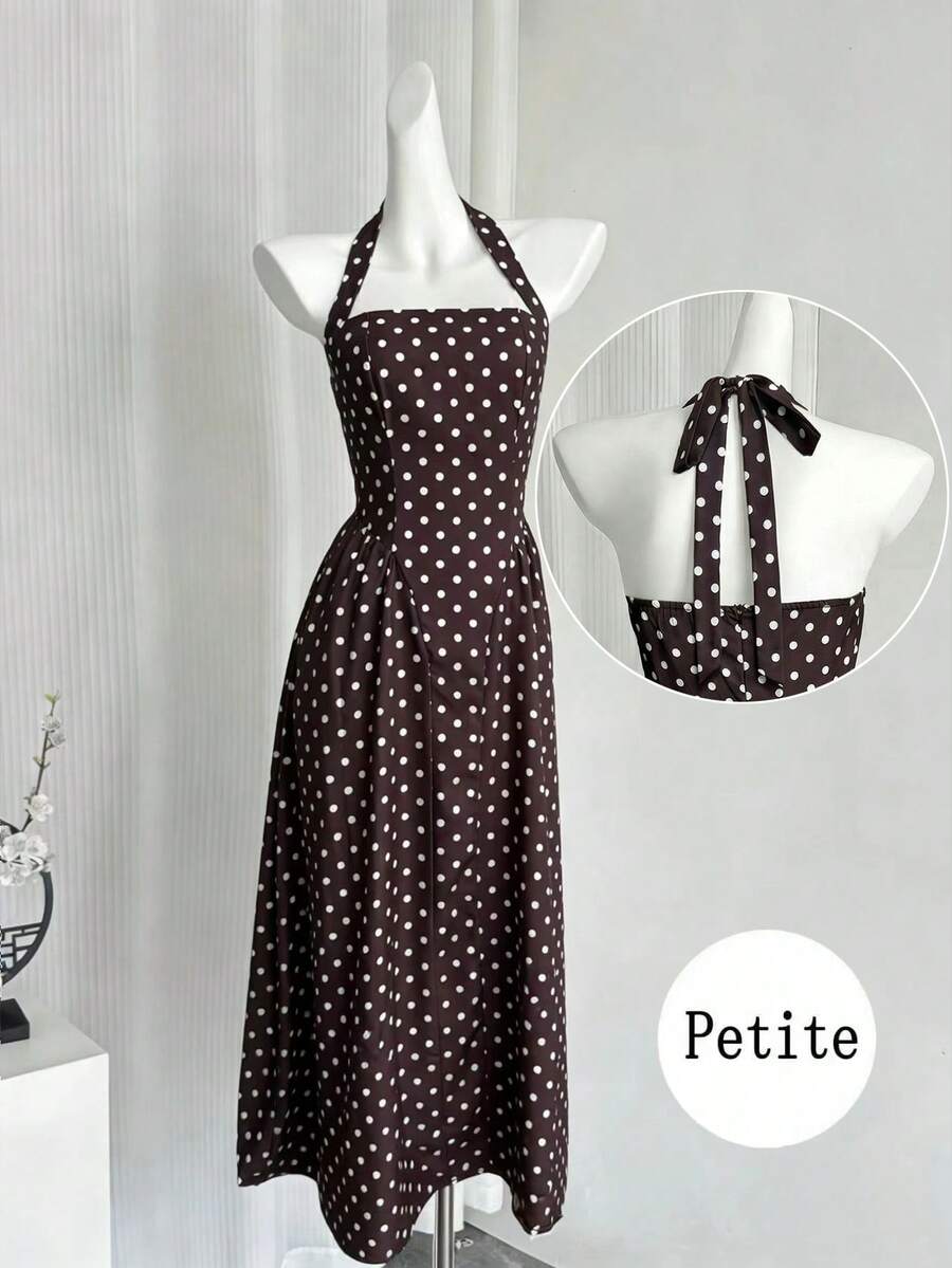 Petite Women's Polka Dot Print Bohemian Elegant Backless Bow Tie Mid-Length Dress, Zipper Back, Suitable For Casual, Holiday Wear - Coffee - View 1