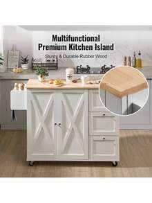Kitchen Island Cart With Solid Wood Top, 45.3" Width Mobile Carts With Storage Cabinet, Rolling Table With Spice Rack, Towel Rack, Drop Leaf And Drawer, Portable Islands On Wheels, White - White - View 2